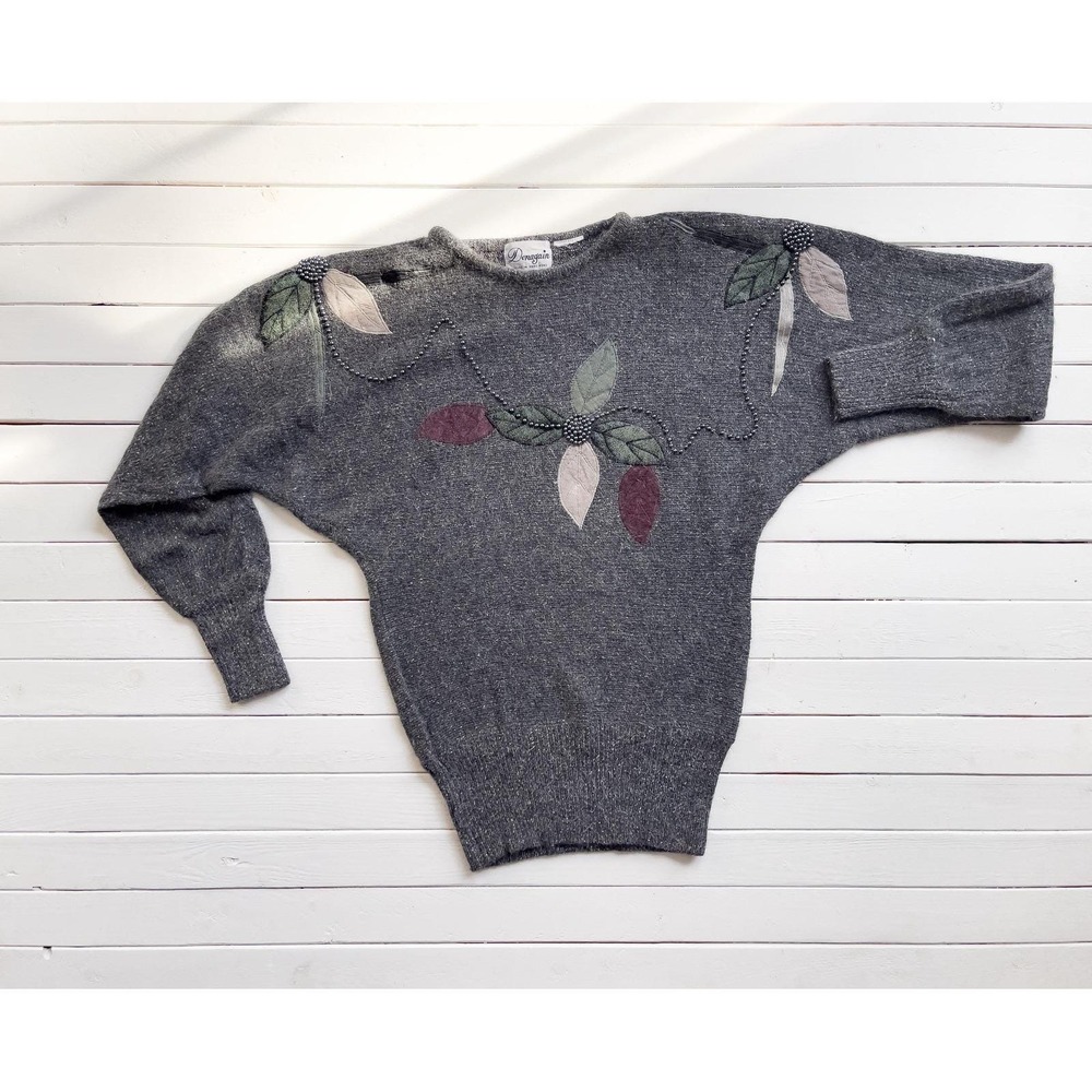 gray wool sweater 80s vtg Donagain leaf embroidered‎ lambswool sweater